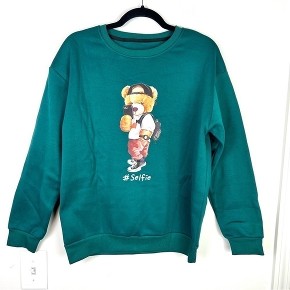 Bear & Selfie Cartoon Print Sweatshirt, Casual Long Sleeve Crew Neck Sweatshirt - Picture 4 of 10